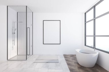 Asya tarzı banyo iç Beyaz ahşap zemin, büyük bir pencere, beyaz bir küvet, duş kabini ve çerçeveli dikey poster duvara döşeli. 3D render alay