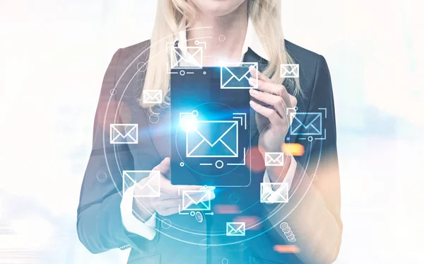 Unrecognizable Blonde Businesswoman Showing Phablet Email Holograms Blurred White Background — Stock Photo, Image