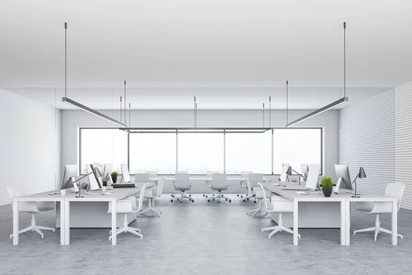 Vista Frontal Escritório Moderno Empresa Espaço Aberto Branco Com Assoalho — Fotografia de Stock