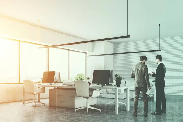 Two Businessmen Talking White Open Space Modern Company Office Concrete — Stock Photo, Image