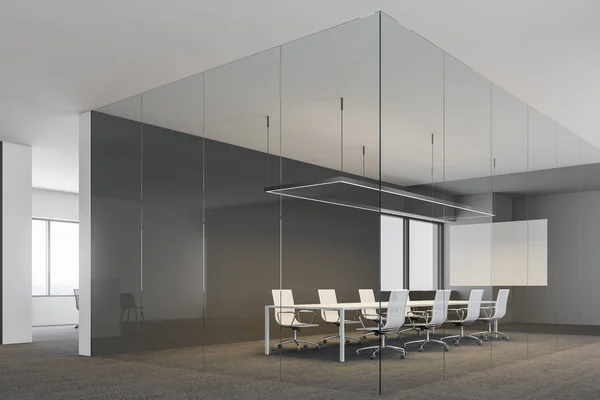 Black and white office interior with a conference room with a poster on the wall. Glass walls and a cutting edge design. 3d rendering mock up