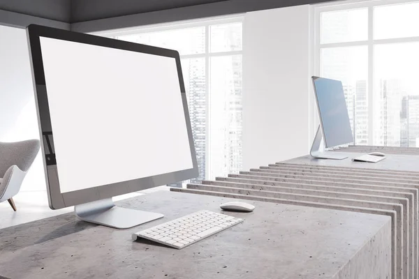 Mock Tela Computador Sobre Uma Mesa Pedra Elegante Escritório Empresa — Fotografia de Stock