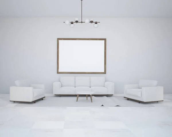 White wall minimalism living room with a tiled floor, a long white sofa and two armchairs. A framed horizontal poster. 3d rendering mock up