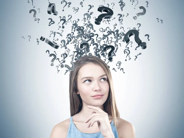 Portrait Young Woman Long Fair Hair Wearing Blue Dress Thinking — Stock Photo, Image