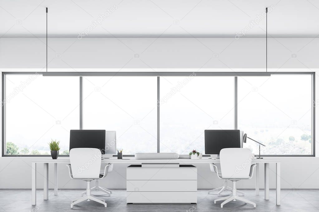 White open space company office with a concrete floor, large windows and rows of computer tables. 3d rendering mock up