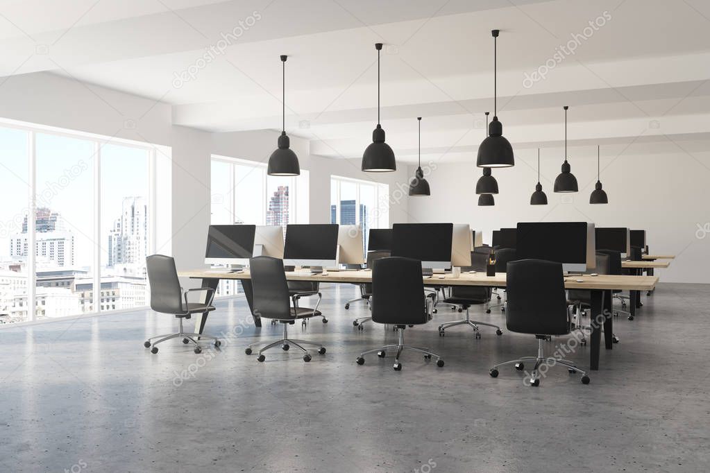 Corner of a modern company office with white walls, a concrete floor, large windows and a long wooden table with computers on them. 3d rendering mock up