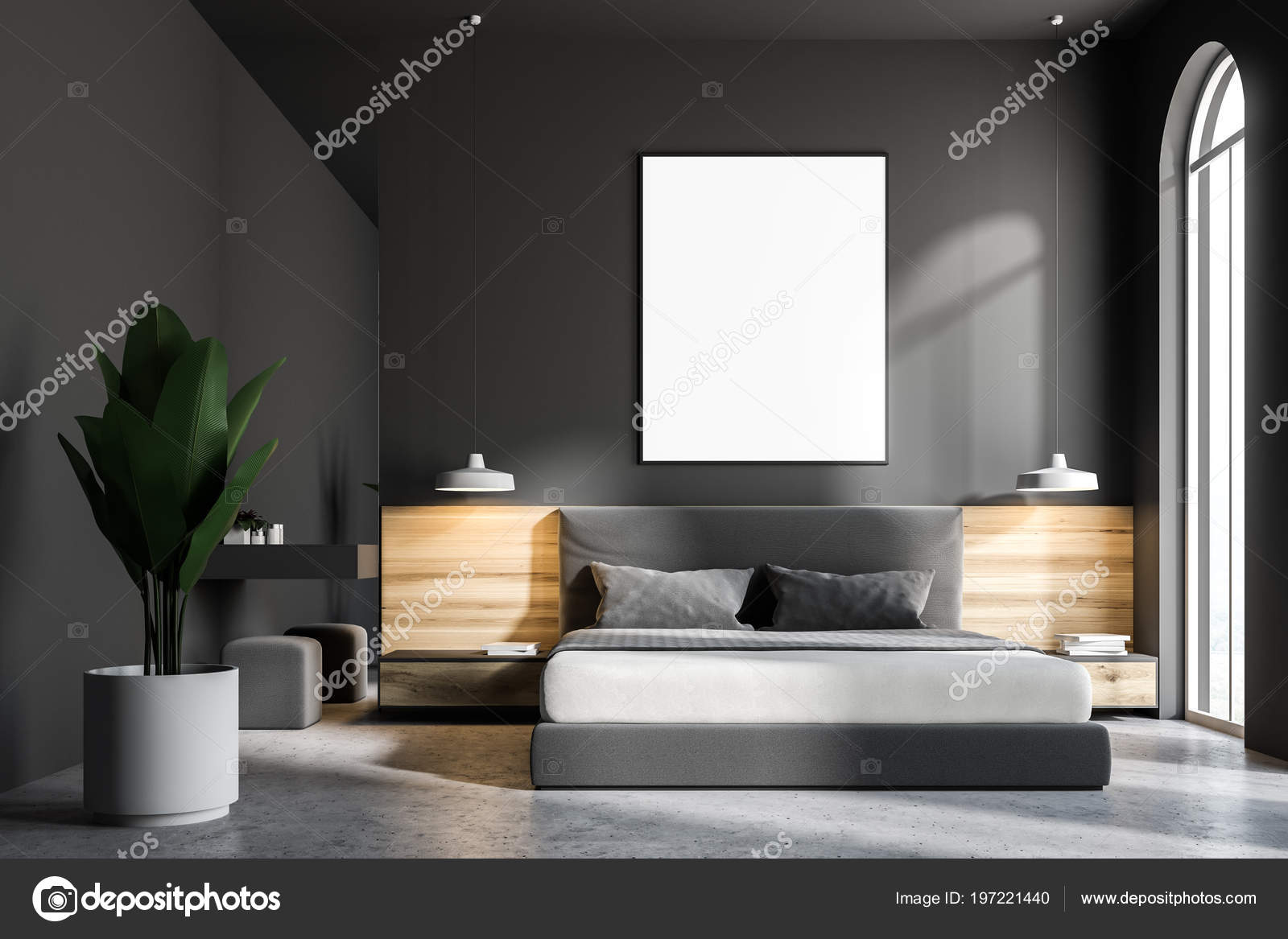 Intérieur Chambre Coucher Grise Avec Sol Béton Lit King Size ... Intérieur Chambre Coucher Grise Avec Sol Béton Lit King Size ...