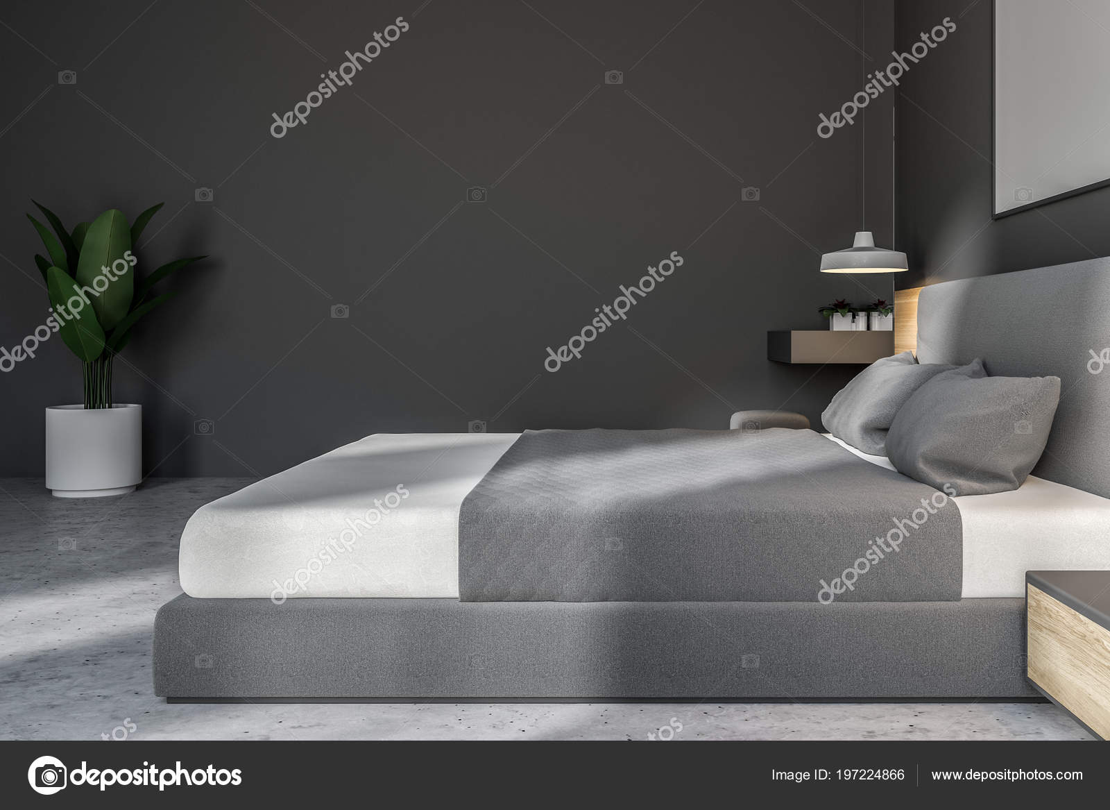 Dark Gray Bedroom Interior Concrete Floor King Size Bed Frame Stock Photo By Denisismagilov 197224866 Dark Gray Bedroom Interior Concrete, Hanging King Size Bed