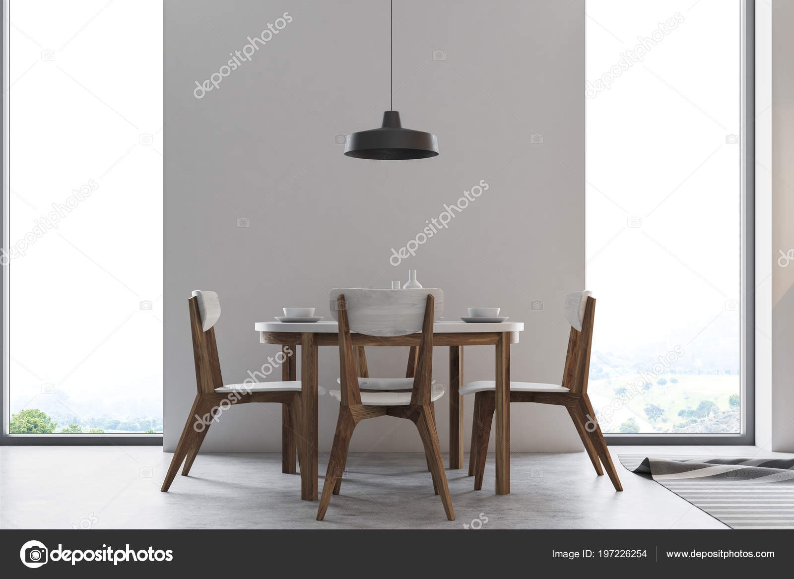 Interior Del Comedor Pared Concreto Con Una Mesa Madera Ventanas ... Interior Del Comedor Pared Concreto Con Una Mesa Madera Ventanas ...