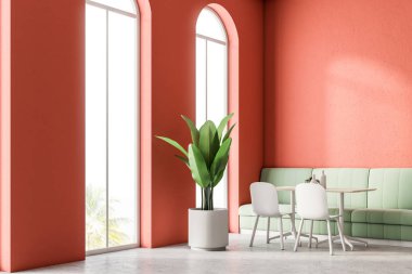 Yeşil koltuklar lüks restoran köşe kırmızı duvarlar, büyük kemerli pencereler ve sütunları ile. Saksılı bir bitki. 3D render alay