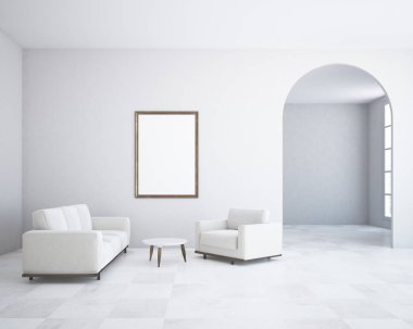 Beyaz duvar minimalizm oturma odası kiremitli kat, uzun beyaz kanepe ve koltuk. Çerçeveli dikey poster. Kemerli bir kapı. 3D render alay