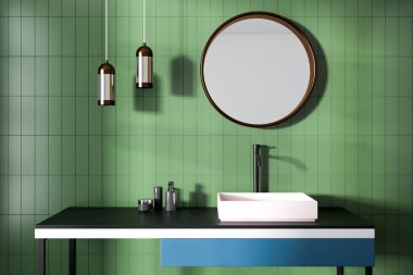 Yeşil banyo iç döşeli duvarlar, kare bir lavabo ve bir yuvarlak ayna ile. İki tavan lambaları. 3D render