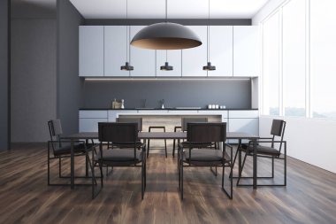 Gri sandalyeleri beyaz mutfak tezgahı ayakta uzun bir tabloyla ile gri yemek odası inteiror. 3d render yakından alay