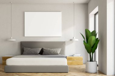 Lüks beyaz yatak odası iç ahşap zemin, bir karyola ve yatay bir poster üzerinde asılı. 3D render alay
