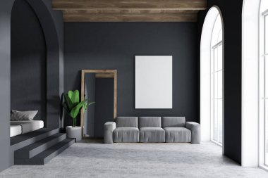 Gri kanepe oturma odası iç ile koyu gri duvarlar, kemerli pencereler, bir beton zemin ve bir kanepe ve poster kadar dikey sahte yanında bir çerçeve dikey ayna durduğunu. 3D render