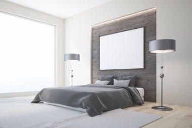 Beyaz ve ahşap yatak odası iç ahşap zemin, panoramik pencerelere ve bir yatak. Yatay çerçeve poster A yan görünüm. 3D render alay