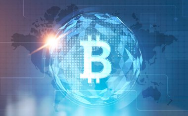 Bir çokgen Earth harita ve küre ve bulanık office arka plan karşı parlayan Bitcoin sembolü. Tonlu görüntü pozlama sahte katlayın. Nasa tarafından döşenmiş bu görüntü unsurları