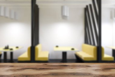 Sarı kanepeler diner iç dikdörtgen tablolar ve ahşap duvarlar. Yemek için aile dostu bir kavramı. 3d render alay kadar bulanık