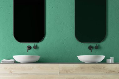 Çift lavabo iki dikey aynalar ile ahşap bir rafta. Bir yeşil lüks banyo iç. 3D render