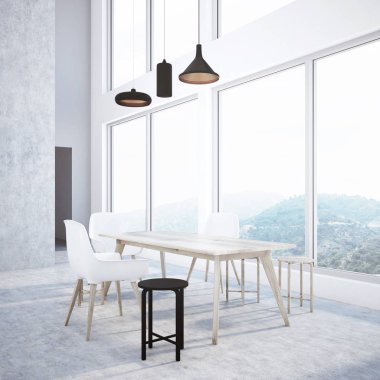 Beton duvar yemek odası köşe uzun ahşap bir masa, çatı windows ve farklı çeşit sandalye. 3D render alay