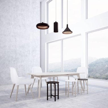 Beton duvar yemek odası köşe uzun ahşap bir masa, çatı windows ve farklı çeşit sandalye. Bir dağ manzarası. 3D render alay