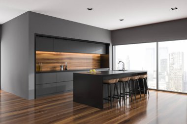 Gri duvar mutfak köşe gri mutfak tezgahı, tabureleri olan çubuk ve modern cityscape panoramik bir pencerede. 3D render alay