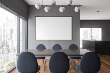 Gri yemek odası ve mutfak iç panoramik pencerelere, karanlık sandalye ile bir tablo ile o ve mutfak tezgahı yakın. Cityscape. 3D render A sahte kadar poster