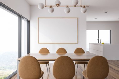 Beyaz yemek odası ve mutfak iç ahşap sandalye ve mutfak tezgahı yakınındaki bir tabloyla panoramik pencereli. Bir dağ manzarası. 3D render afiş kadar çerçeve yatay sahte