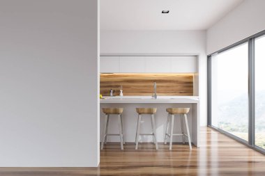 Beyaz mutfak tezgahı, bar tabureleri ile ve bir yemek masası ile beyaz ve ahşap duvar mutfak iç. 3D render A soldaki alay