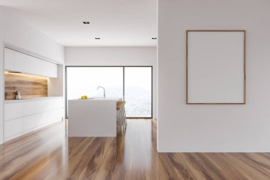 Beyaz ve ahşap duvar mutfak iç beyaz mutfak tezgahı, dışkı ile bir bar ve şehir manzaralı. Yan görünümü. 3D render A sahte duvar