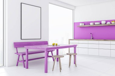 Beyaz yemek odası ve mutfak loft windows, mor bir masa, sandalye ve bir Bank. Beyaz mutfak tezgahı ve bir çerçeve poster. 3D render alay