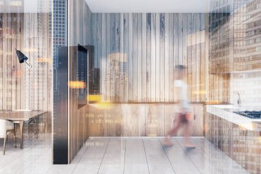 Hafif ahşap mutfak iç ahşap mutfak tezgahı, yemek masası ve bütün aile kolaylık sağlamak için bir duvarında bir delik. Bir kadın. 3D render sahte tonlu görüntü çift pozlama kadar bulanık