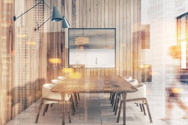 Ahşap duvar yemek odası iç uzun ahşap bir masa, çatı pencereleri ve yumuşak koltuklar iki sıra. Bir kadın. 3D render sahte tonlu görüntü çift pozlama kadar bulanık