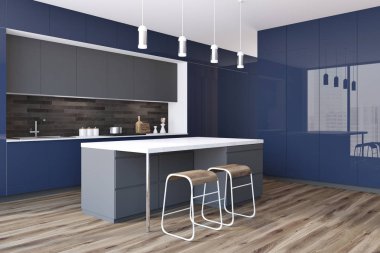 Mavi mutfak tezgahı ile yan görünüm bir beyaz mutfak iç ahşap zemin ile ve bir bar tabureleri ile inşa. 3D render alay