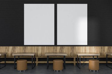 Poster bir lüks çatı restoran ile gri ve tuğla duvarlar, ahşap masa ve banklar sıralamalar onları boyunca galeride. 3D render alay