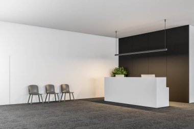 Beyaz ofis resepsiyon masa ile iki bilgisayar bir modern şirket salonda bir siyah duvar ve bir satır duvarın yanında gri koltukları ile ayakta. 3D render alay