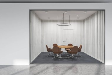 Beyaz ve cam duvar ofis toplantı odası ile bir yuvarlak masa ve kahverengi sandalyeleri duruyor. İletişim kavramı. 3D render alay