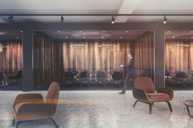 Toplantı odası koridorun bir lüks ofis koyu kahverengi ve gri duvarlar, beton zemin ve kahverengi ve gri koltuklar ile görüldü. Bir businesman. 3D render tonlu görüntü