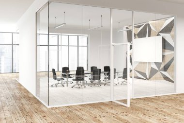 Yıldız duvar desen office lobi cam ve beyaz duvarlar ve ahşap bir zemin ile. Siyah sandalye ve sahte poster kadar uzun bir tabloyla. Danışmanlık kavramı. 3D render