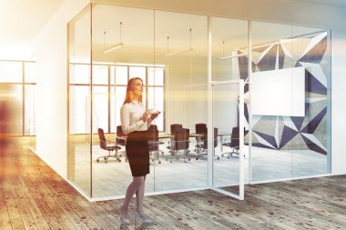 Cam duvarlar ve ahşap bir zemin ile bir yıldız duvar desen ofiste sarışın işkadını. Siyah sandalye ve sahte poster kadar uzun bir tabloyla. Danışmanlık kavramı. 3D render görüntü bulanıklığı tonda