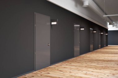 Siyah duvar koridor kapalı kapılar satır içeren office veya üniversite. Tabelaları kapıları yukarıda alay. Bir ahşap zemin. Yan görünümü. 3D render