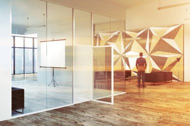 Yıldız duvar desen office lobi cam ve beyaz duvarlar ve ahşap bir zemin ile. Siyah sandalye ve sahte poster kadar uzun bir tabloyla. İşadamı bekleme odasında. 3D render tonlu görüntü