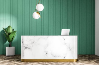 O bir modern şirket ofisi yeşil duvarlar, bir bitki ve yuvarlak tavan lambası ile ayakta bir bilgisayarda ile mermer resepsiyon. 3D render alay