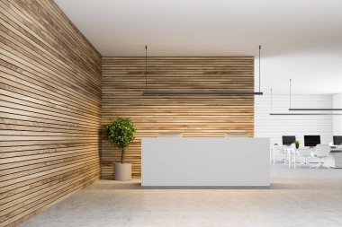 Uzun beyaz Resepsiyon Masa bilgisayarlarla bir beton zemin ahşap duvar şirket lobisinde ayakta açık bakış. Köşede bir tencerede bir ağaç. 3D render alay