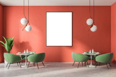 Yeşil koltuklar lüks restoran iç kırmızı duvarlar ve tavan lambaları yuvarlak. Sahte bir çerçeve dikey poster ve bir bitki pot 3d render kadar