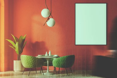 Kırmızı duvarlar ile yeşil koltuklar lüks restoran. Bir çerçeve dikey poster ve bir tencerede bir bitki. 3D render sahte tonlu görüntü çift pozlama kadar yürüyen adam bulanıklık