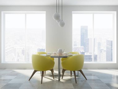 Klasik beyaz loft yemek odası iç bir yuvarlak masa, yumuşak sarı sandalye ve modern cityscape ile. Rahat bir ev concept. 3D render alay