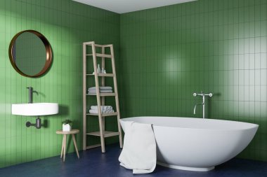 Bir yeşil banyo iç beyaz küvetli, yuvarlak bir ayna ile bir lavabo köşesinde. 3D render alay