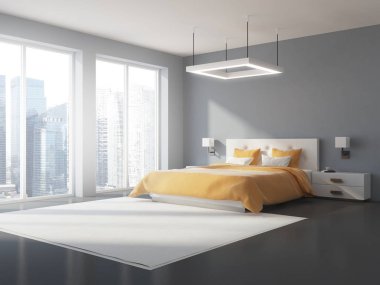 Gri ve beyaz yatak odası iç bir beton zemin, bir king size Yataklı ve panoramik bir pencere. Yan görünümü. 3D render alay