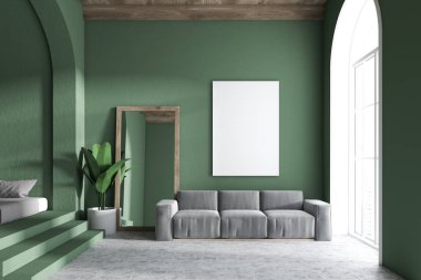 Koyu yeşil duvarlar, kemerli windows, bir beton zemin ve bir çerçeve dikey ayna ayakta bir kanepe ve poster kadar dikey sahte yanında gri kanepe oturma odası iç. 3D render